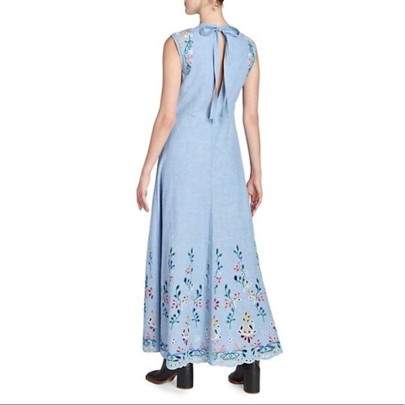 Chloé Chambray Embroidered Maxi Dress Downy Blue Eyelet Size 34 - Picture 3 of 16